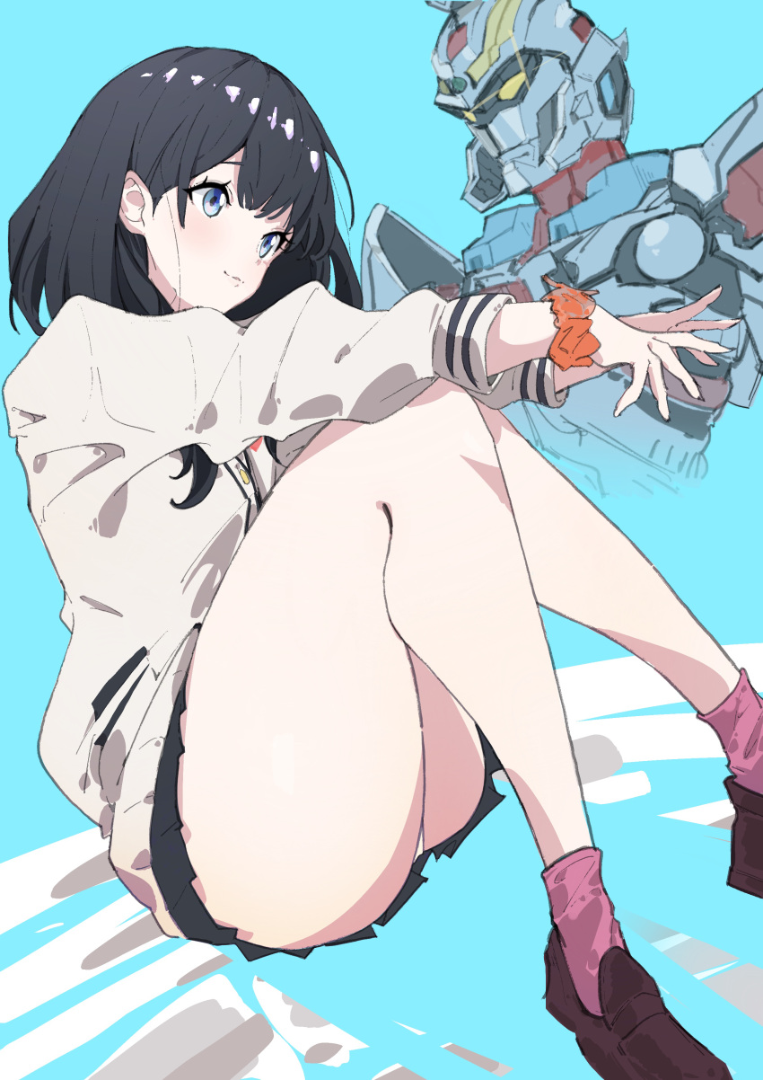 1girl, absurdres, bangs, black_hair, black_skirt, blue_background, blue_eyes, blush