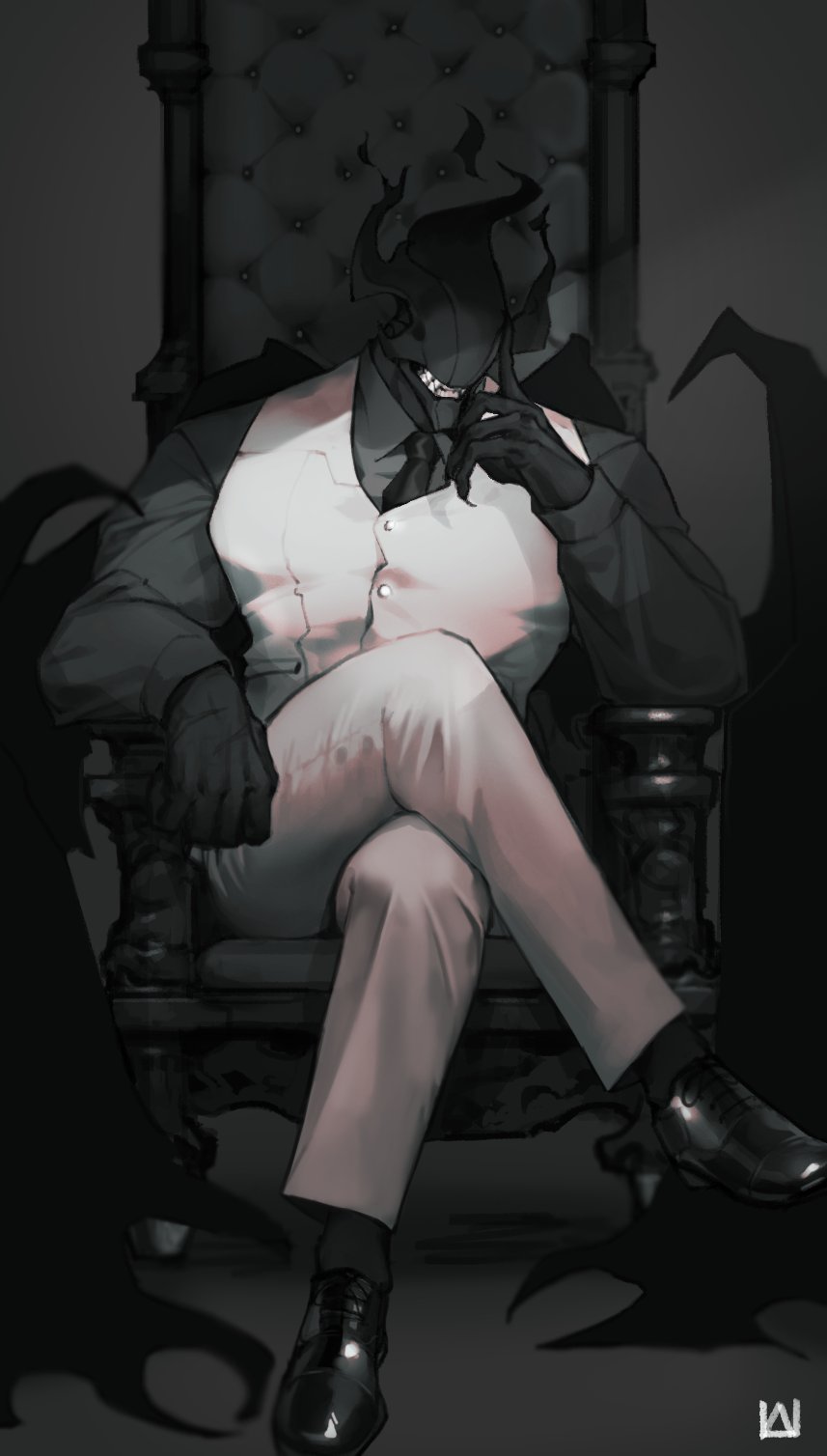 1boy, belov_w, chair, crossed_legs, formal, full_body, grey_background, highres, korean_commentary, male_focus, pants, shoes, solo, suit, throne