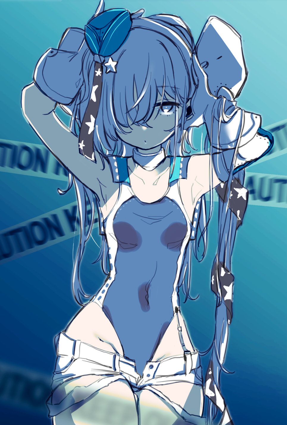 1girl, arms_up, bangs, breasts, caution_tape, covered_navel, eyebrows_visible_through_hair, garrison_cap