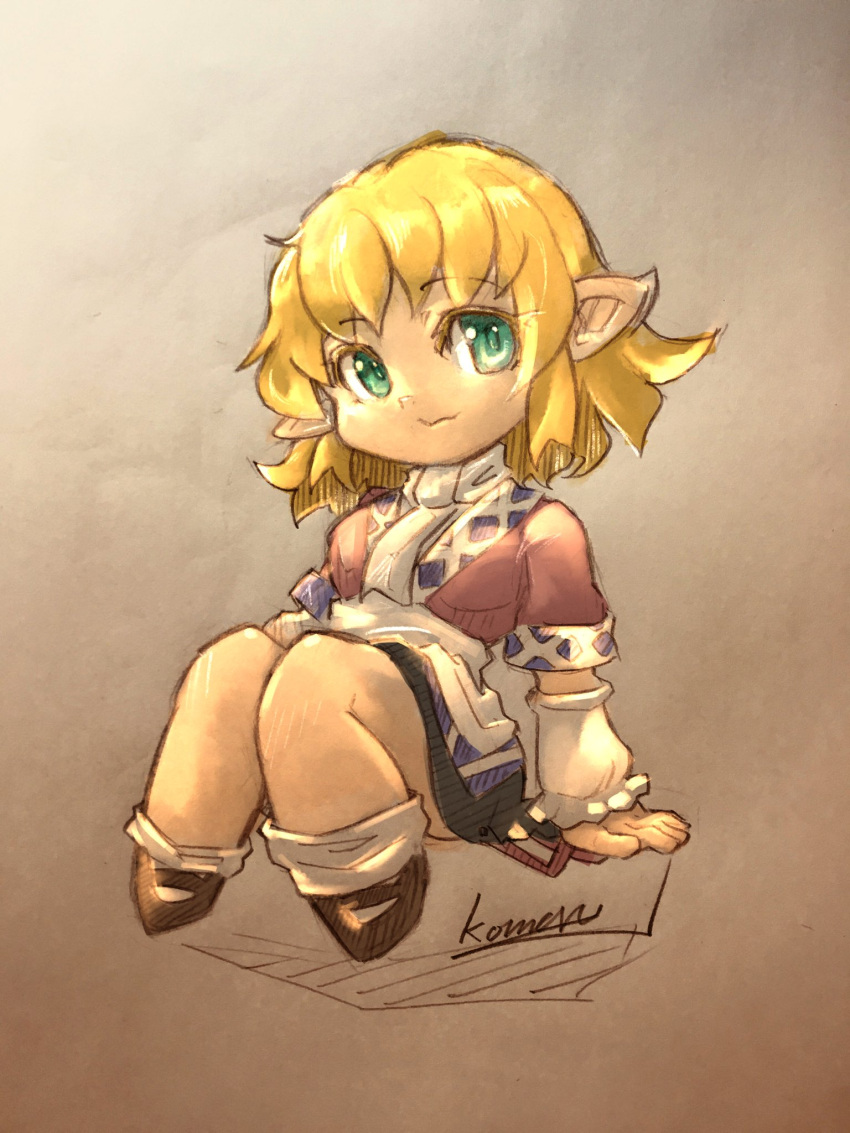 1girl, arm_warmers, bangs, black_footwear, blonde_hair, full_body, green_eyes, highres, komaro, light_smile, looking_at_viewer, mizuhashi_parsee, pointy_ears, scarf, shoes, short_hair, short_sleeves, signature, skirt, solo, touhou