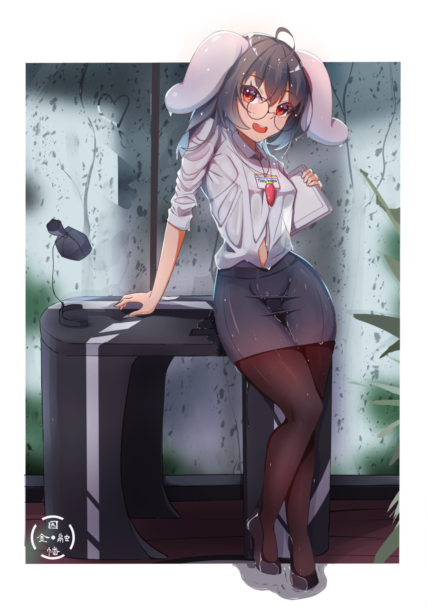 1girl, :d, alternate_costume, animal_ears, bespectacled, black_hair, black_legwear, boqee