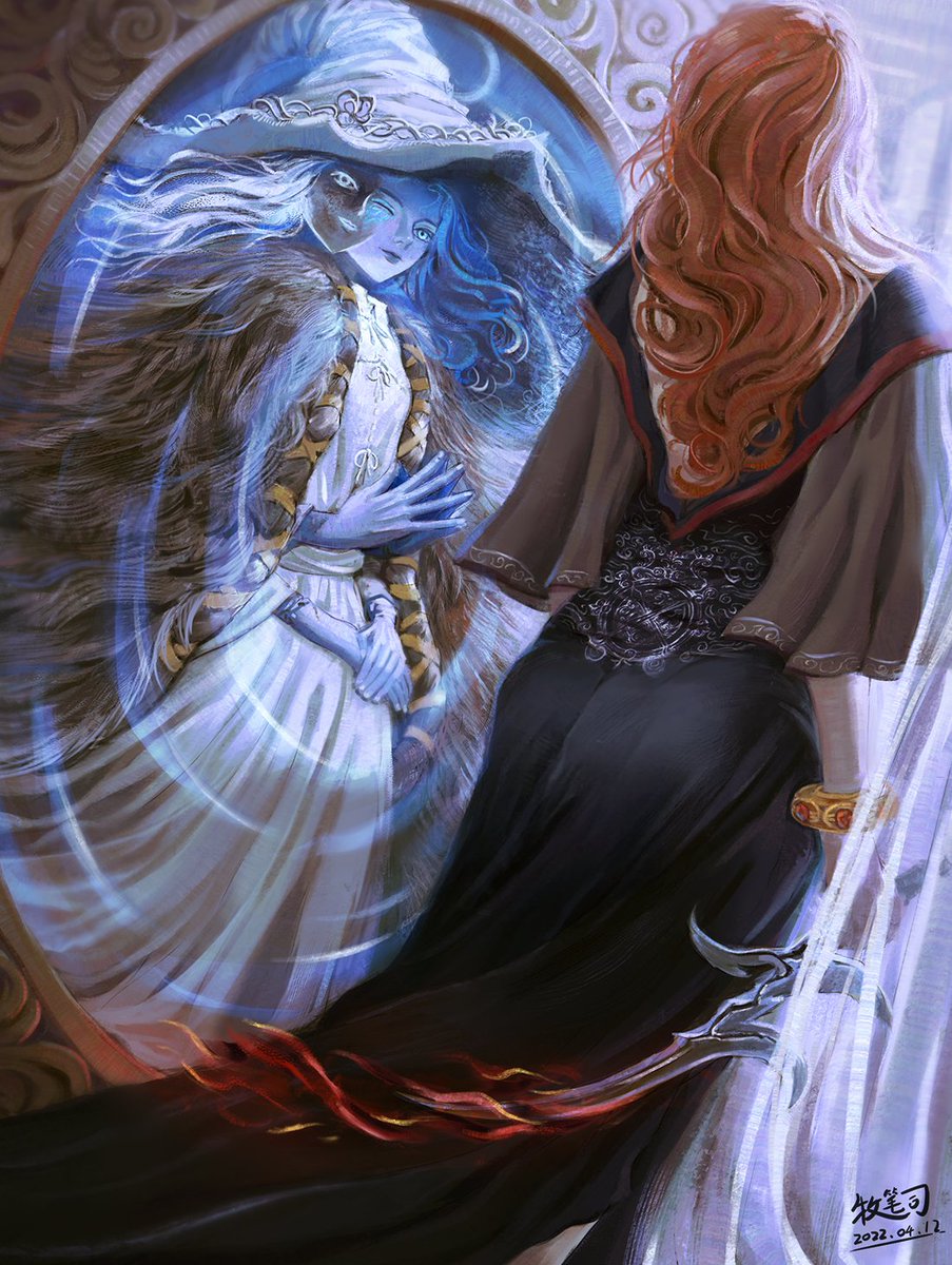 2girls, black_dress, black_knife_(elden_ring), blue_eyes, blue_hair, blue_lips, blue_skin, bracelet