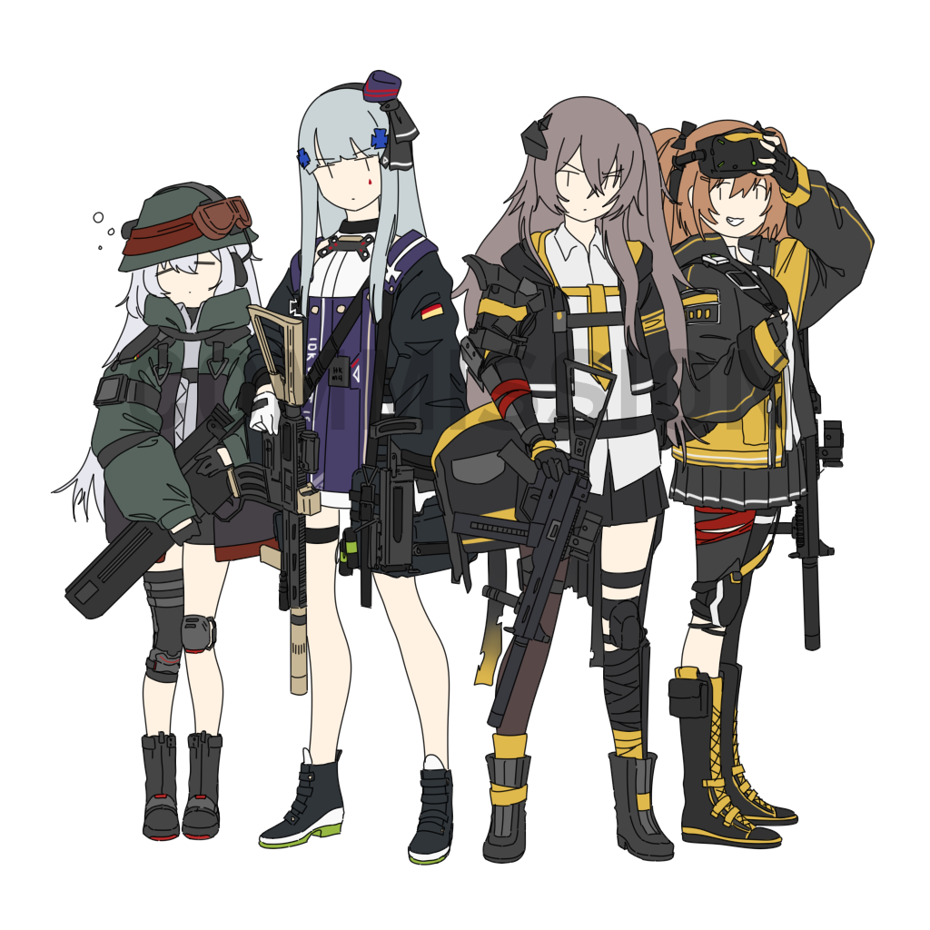 404_(girls'_frontline), 4girls, assault_rifle, boots, fingerless_gloves, g11_(girls'_frontline), girls_frontline, gloves