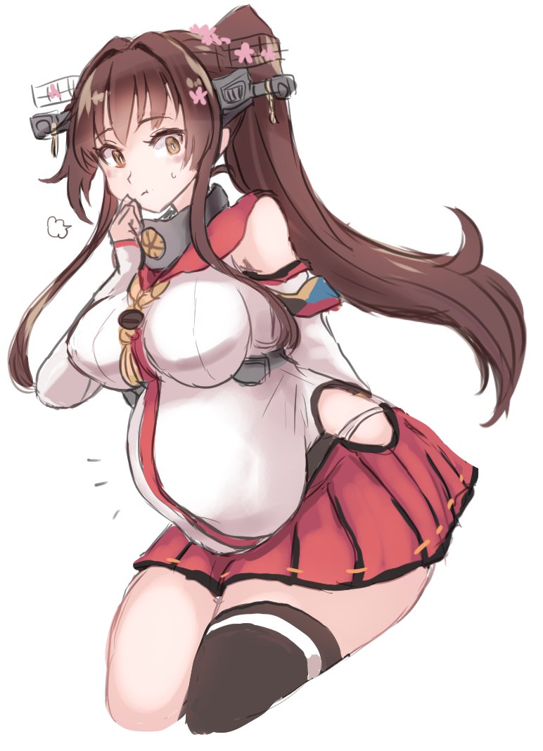 1girl, arm_behind_back, big_belly, bloated, blush, breasts, brown_eyes, brown_hair