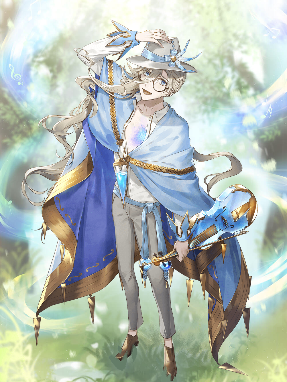 1boy, :d, airm, arm_up, asymmetrical_hair, blue_cape, blue_cheese_(food_fantasy), blue_eyes, blue_feathers, blue_ribbon, bow_(music), braid, brown_footwear, cape, collarbone, eyelashes, feather_hair_ornament, feathers, fedora, food_fantasy, forest, from_above, glasses, gold_trim, grass, grey_pants, hair_between_eyes, hair_ornament, hand_on_headwear, hat, hat_ribbon, highres, holding, holding_instrument, instrument, long_hair, looking_at_viewer, male_focus, music, musical_note, nature, official_art, open_clothes, open_shirt, outdoors, pale_skin, pants, partially_unbuttoned, ribbon, round_eyewear, sash, scar, scar_on_chest, shirt, sleeve_cuffs, smile, solo, standing, third-party_source, tree, veins, violin, wavy_hair, white_hair, white_headwear, white_shirt