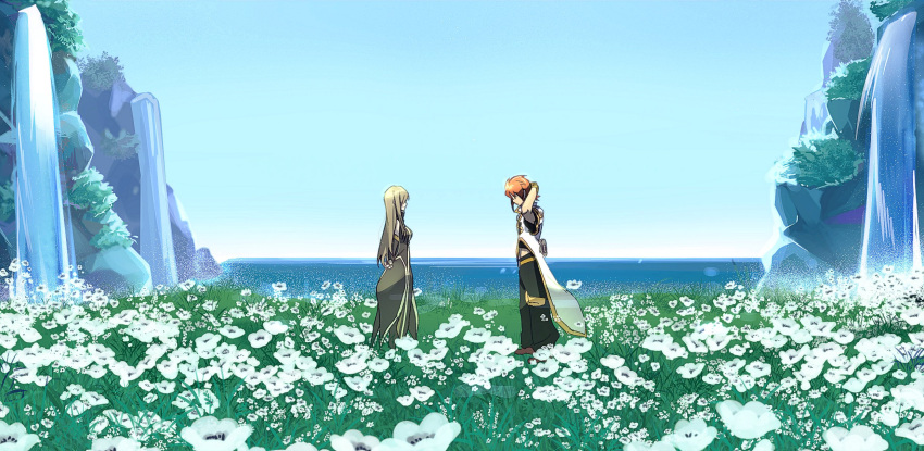 1boy, 1girl, bangs, bare_shoulders, brown_hair, clear_sky, day, detached_sleeves