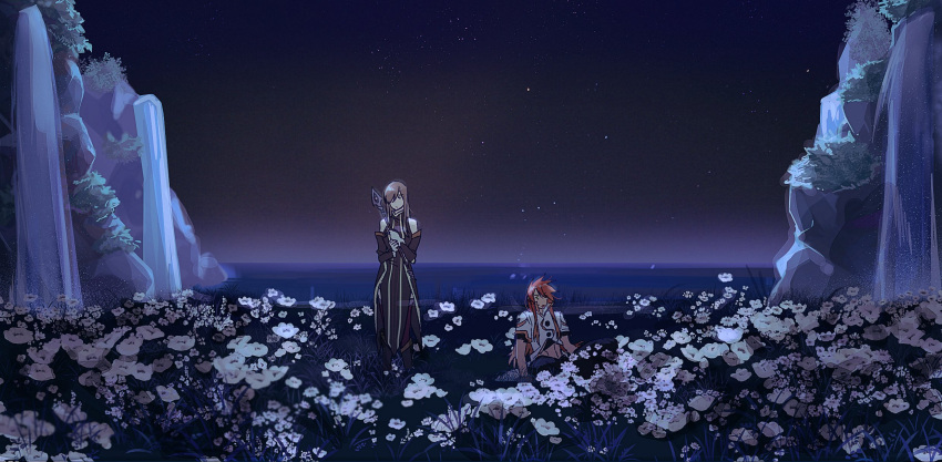 1boy, 1girl, bangs, bare_shoulders, brown_hair, detached_sleeves, dress, field