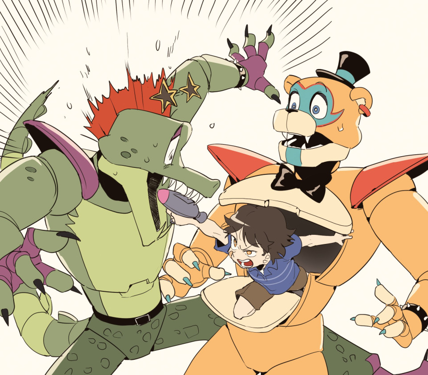 3boys, aiming, angry, animal_robot, bandaid, bandaid_on_face, blue_eyes, bow