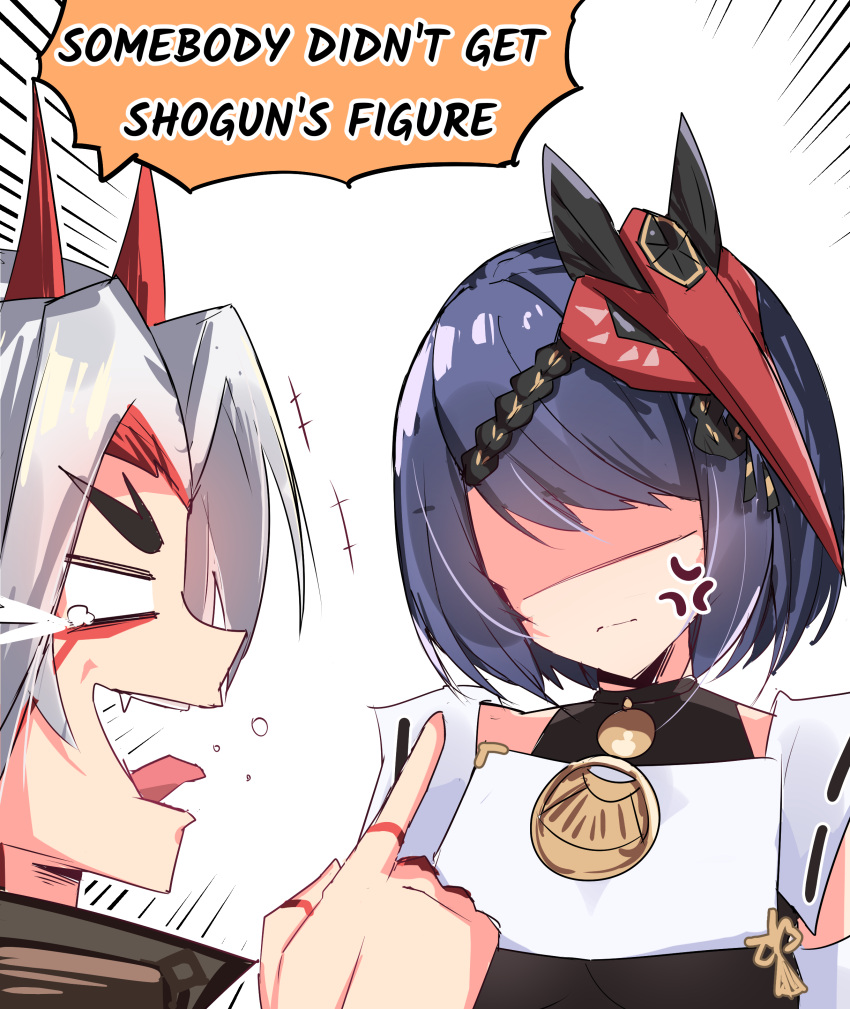 1boy, 1girl, absurdres, anger_vein, angry, arataki_itto, black_hair, comedy