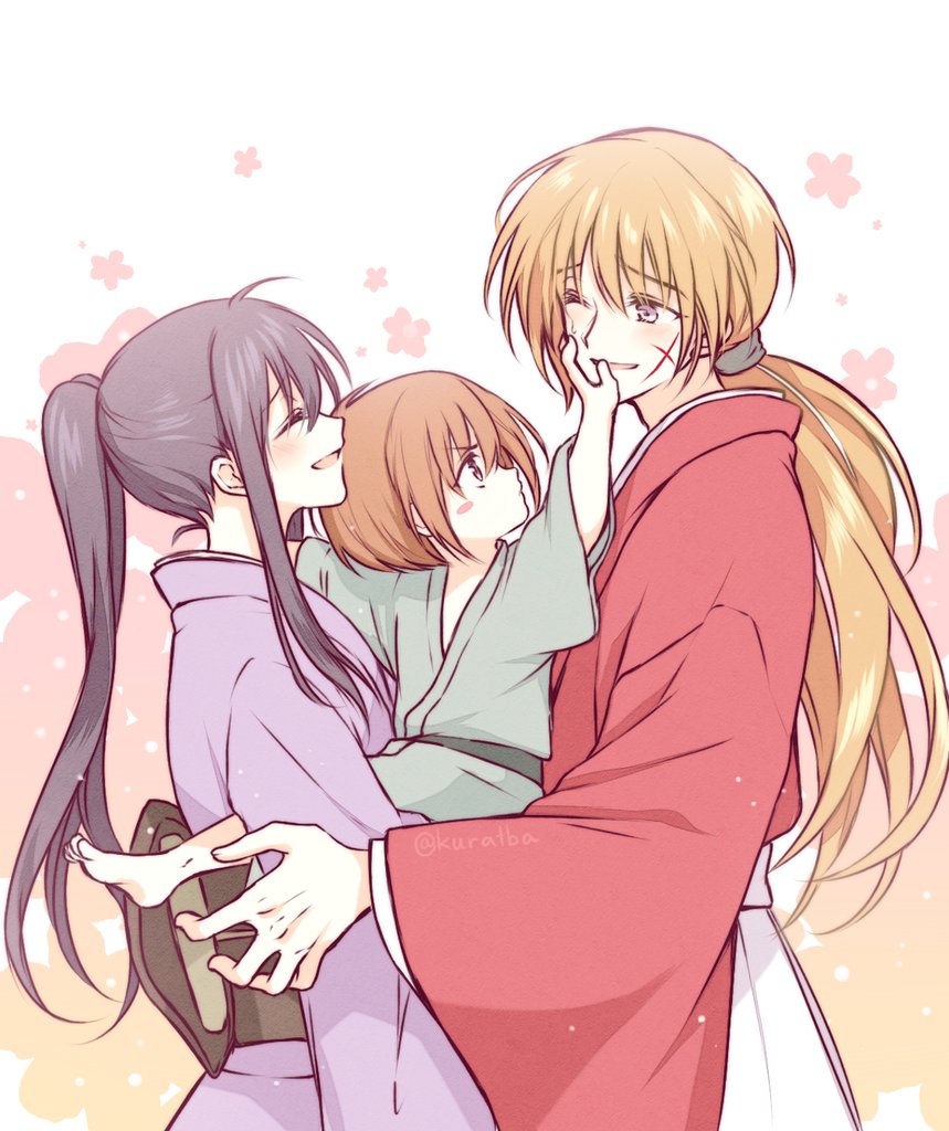 1girl, 2boys, bangs, black_hair, blue_eyes, blush, brown_hair, couple
