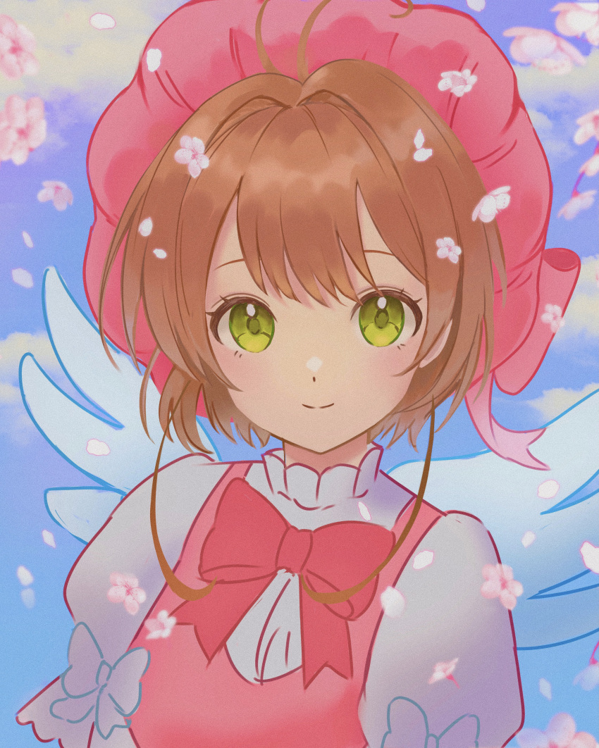 1girl, absurdres, blue_sky, bow, brown_hair, cardcaptor_sakura, clouds, cloudy_sky, green_eyes, highres, kinomoto_sakura, leeinhyeon_0402, looking_at_viewer, magical_girl, pink_headwear, sky, smile, solo, solo_focus, wings