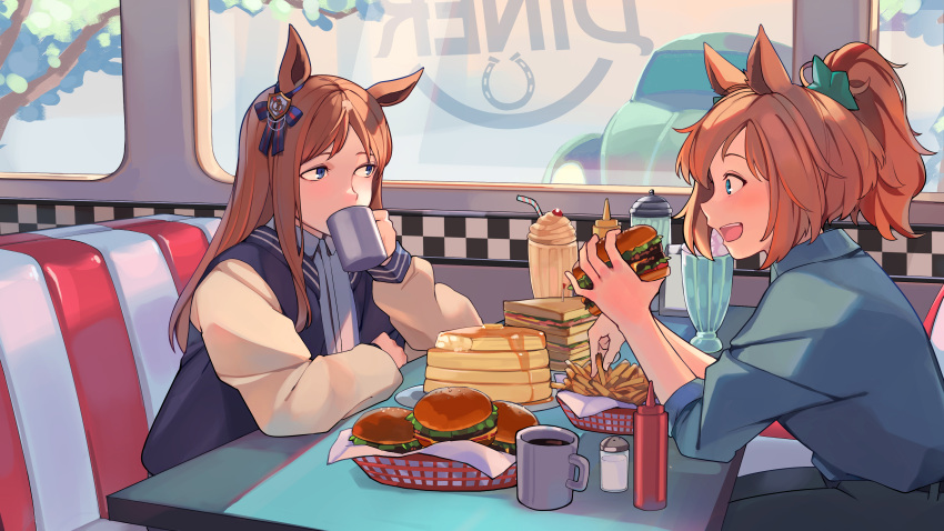 2girls, absurdres, alternate_costume, animal_ears, aqua_eyes, bendy_straw, blue_eyes, booth_seating