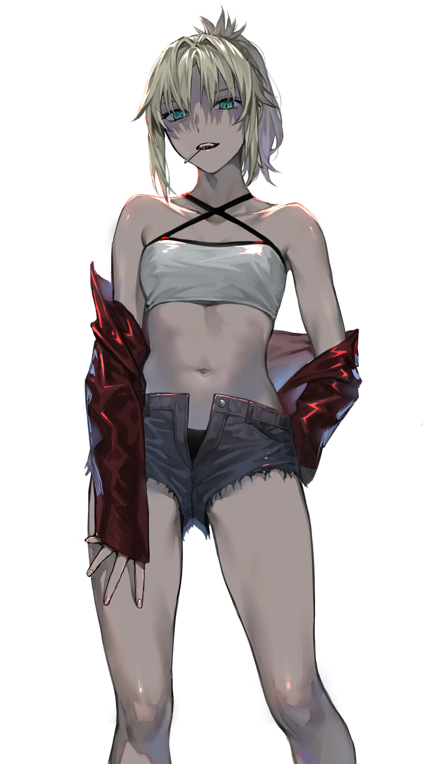 1girl, absurdres, bandeau, bangs, bare_shoulders, blonde_hair, braid, breasts, collarbone, cutoffs, denim, denim_shorts, fate/apocrypha, fate_(series), french_braid, green_eyes, hair_ornament, hair_scrunchie, highres, jacket, long_hair, looking_at_viewer, mordred_(fate), mordred_(memories_at_trifas)_(fate), navel, nipi27, open_mouth, parted_bangs, ponytail, red_jacket, scrunchie, short_shorts, shorts, solo, thighs
