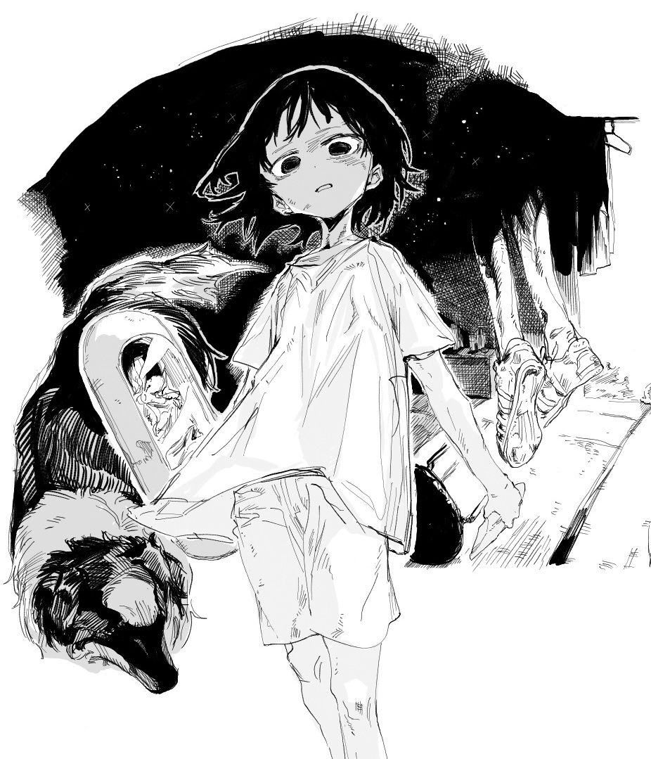 2girls, bangs, gbsangou, kirarazaka_marina, kuze_shizuka, monochrome, multiple_girls, oversized_clothes