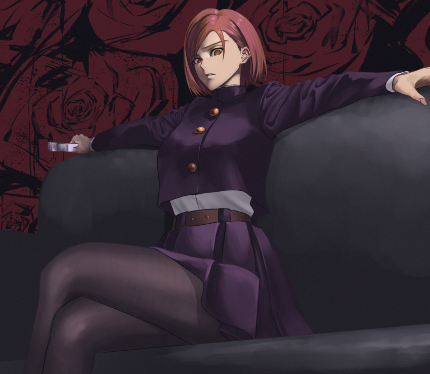 1girl, belt, black_legwear, bob_cut, breasts, brown_belt, brown_eyes, brown_hair, buttons, couch, cropped_jacket, crossed_legs, floral_background, hammer, highres, holding, holding_hammer, jacket, jujutsu_kaisen, jujutsu_tech_uniform, kugisaki_nobara, looking_at_viewer, on_couch, outstretched_arms, pantyhose, parted_lips, pleated_skirt, purple_jacket, purple_skirt, rose_background, school_uniform, shirt, shirt_tucked_in, short_hair, sitting, skirt, solo, white_shirt, yoshino_(laencl)