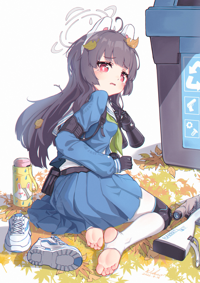 1girl, absurdres, animal_ears, barefoot, belt, binoculars, black_gloves, black_hair