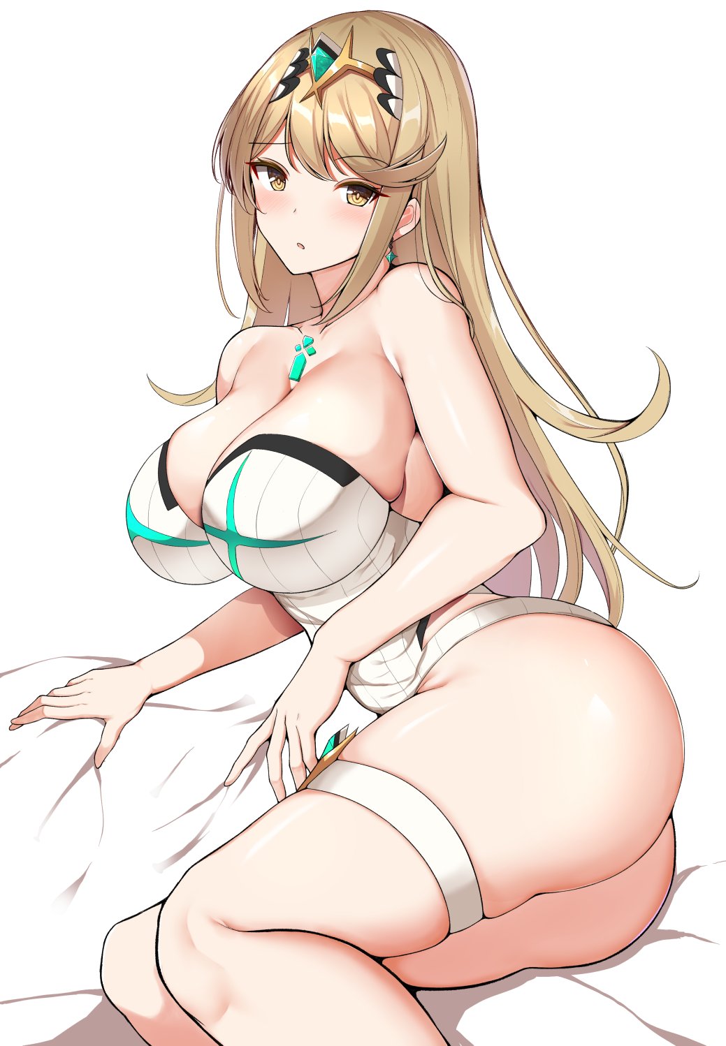 1girl, bangs, blonde_hair, breasts, casual_one-piece_swimsuit, chest_jewel, gem, green_gemstone