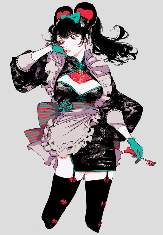 1girl, :q, animal_ears, apron, black_hair, bobbbob, bow, chest_tattoo