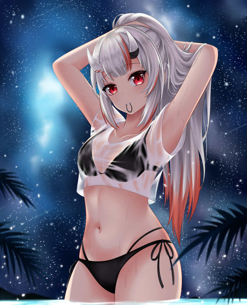 1girl, absurdres, bikini, blush, bra, demon_girl, demon_horns, highres