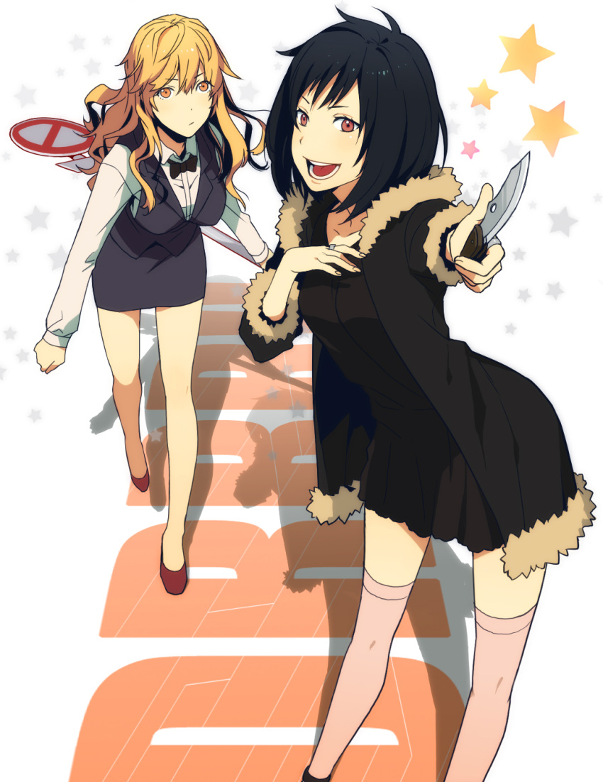 black_hair, blonde_hair, bowtie, breasts, coat, dress, durarara!!, genderswap
