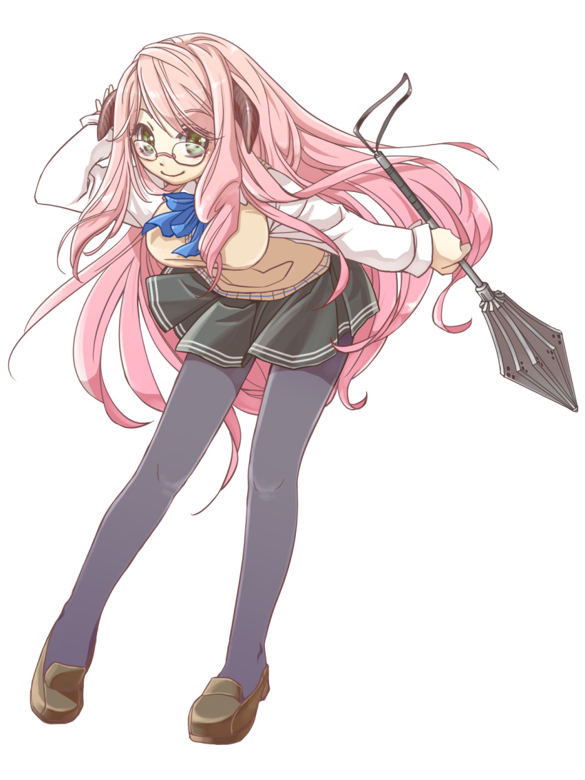 bent_over, breasts, glasses, green_eyes, highres, large_breasts, legs, long_hair, original, pantyhose, pink_hair, ragi_(raging), school_uniform, simple_background, skirt, smile, solo, sword_world, very_long_hair, weapon, white_background