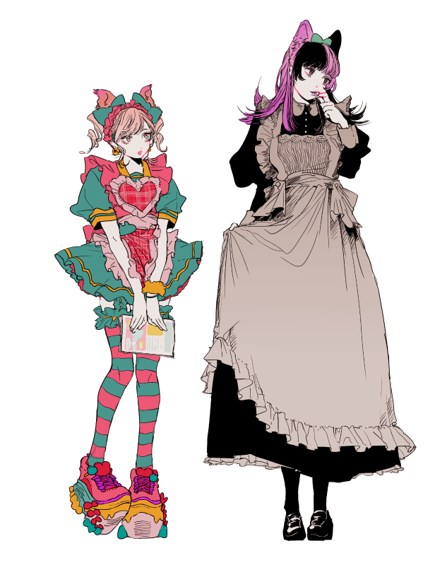 2girls, animal_ears, apron, bangs, black_hair, black_legwear, blunt_bangs, bobbbob