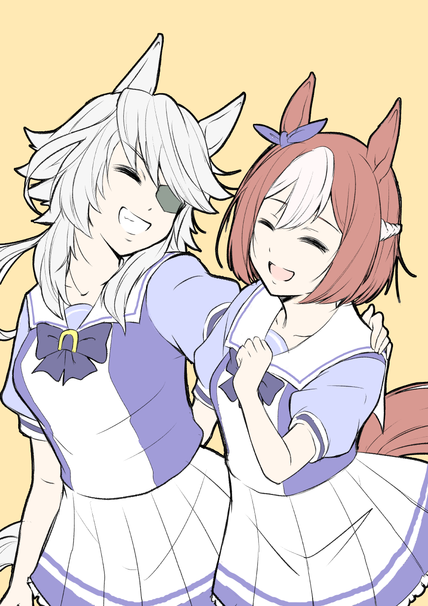 2girls, :d, animal_ears, bangs, bow, bowtie, brown_hair, closed_eyes