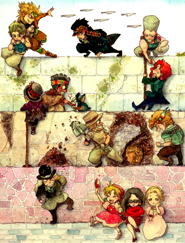 black_eyes, black_hair, blonde_hair, blue_eyes, caesar_anthonio_zeppeli, chain, chibi, cup