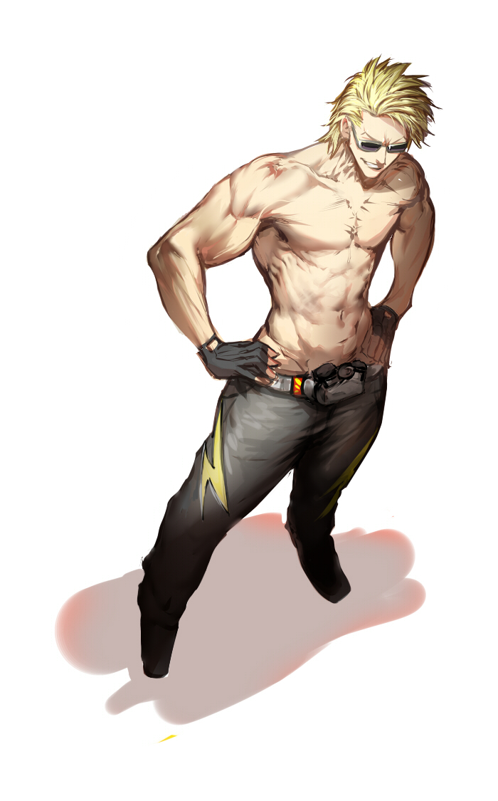 1boy, abs, black_pants, blonde_hair, fate/grand_order, fate_(series), from_above, full_body