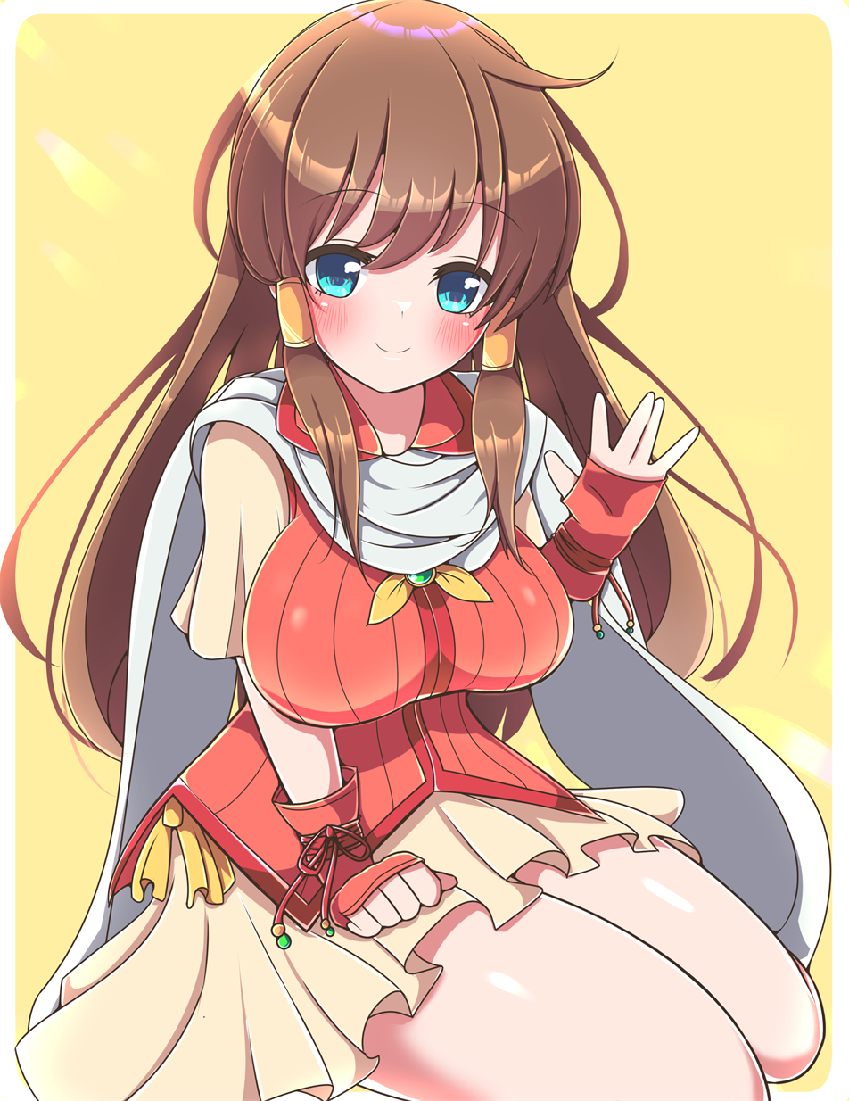 1girl, asage_(asgsn), blue_eyes, blush, border, breasts, brown_hair, collared_shirt