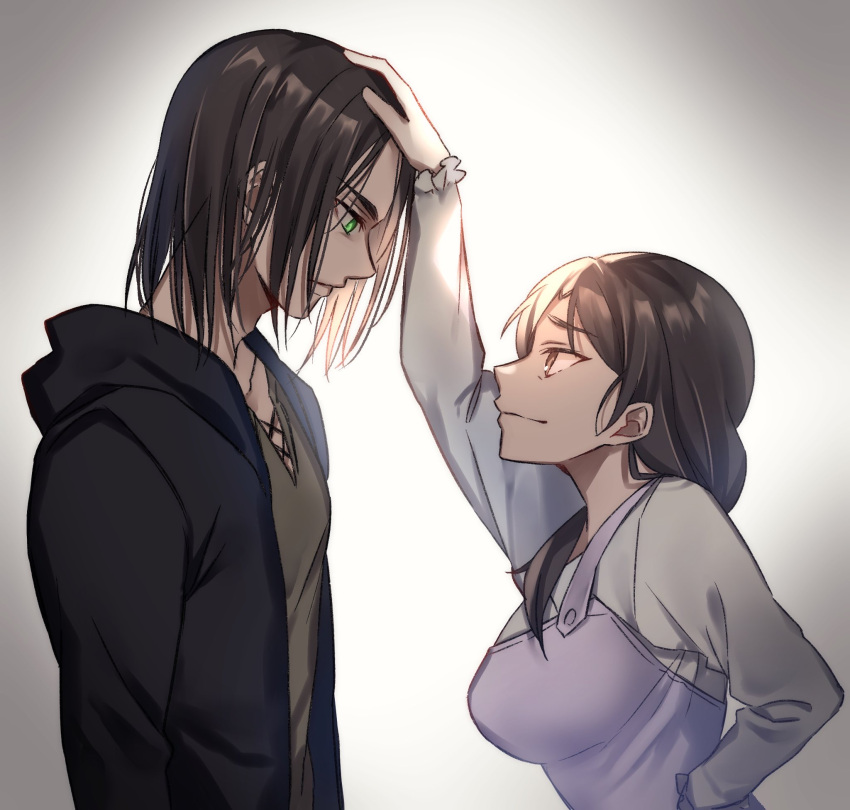 1boy, 1girl, apron, backlighting, breasts, brown_hair, brown_shirt, carla_yeager