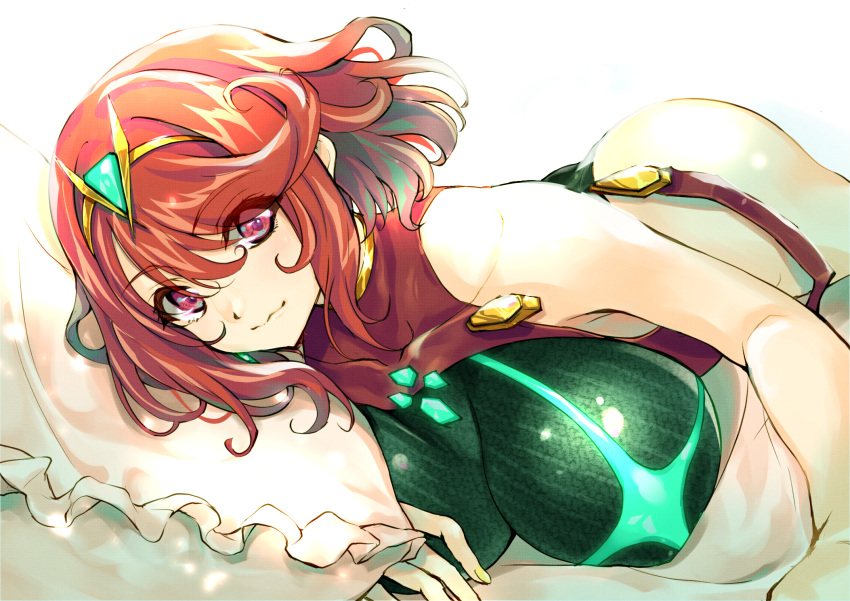 1girl, bangs, black_swimsuit, breasts, chest_jewel, competition_swimsuit, covered_collarbone, covered_navel, gem, headpiece, highres, large_breasts, one-piece_swimsuit, pyra_(pro_swimmer)_(xenoblade), pyra_(xenoblade), red_eyes, red_swimsuit, redhead, ribbed_swimsuit, short_hair, solo, strapless, strapless_swimsuit, striped, striped_swimsuit, swept_bangs, swimsuit, tiara, two-tone_swimsuit, vertical-striped_swimsuit, vertical_stripes, wochi, xenoblade_chronicles_(series), xenoblade_chronicles_2