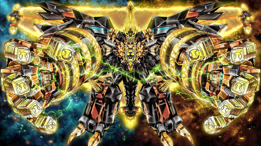 absurdres, drill, final_gaogaigar, floating, garimpeiro, glowing, glowing_eyes, goldymarg, hakaiou:_gaogaigar_vs._betterman, highres, mecha, mechanical_tail, mechanical_wings, no_humans, orange_eyes, science_fiction, space, super_robot, tail, v-fin, wings, yuusha_ou_gaogaigar, yuusha_series