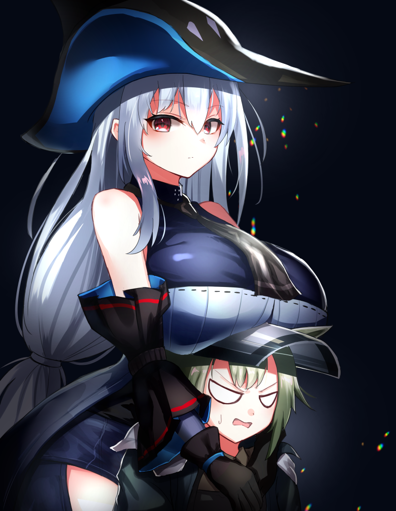 2girls, angry, animal_ears, arknights, bare_shoulders, black_background, black_gloves, black_headwear