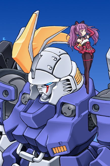 1girl, alice_gear_aegis, black_legwear, blue_background, blue_eyes, crossover, dress, elbow_gloves