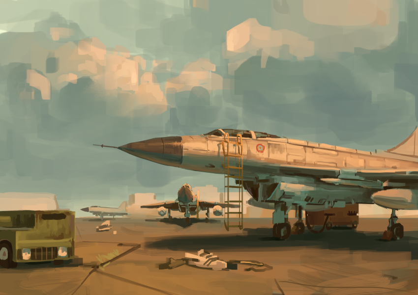 aircraft, airplane, canopy_(aircraft), clouds, fighter_jet, ground_vehicle, highres, jet