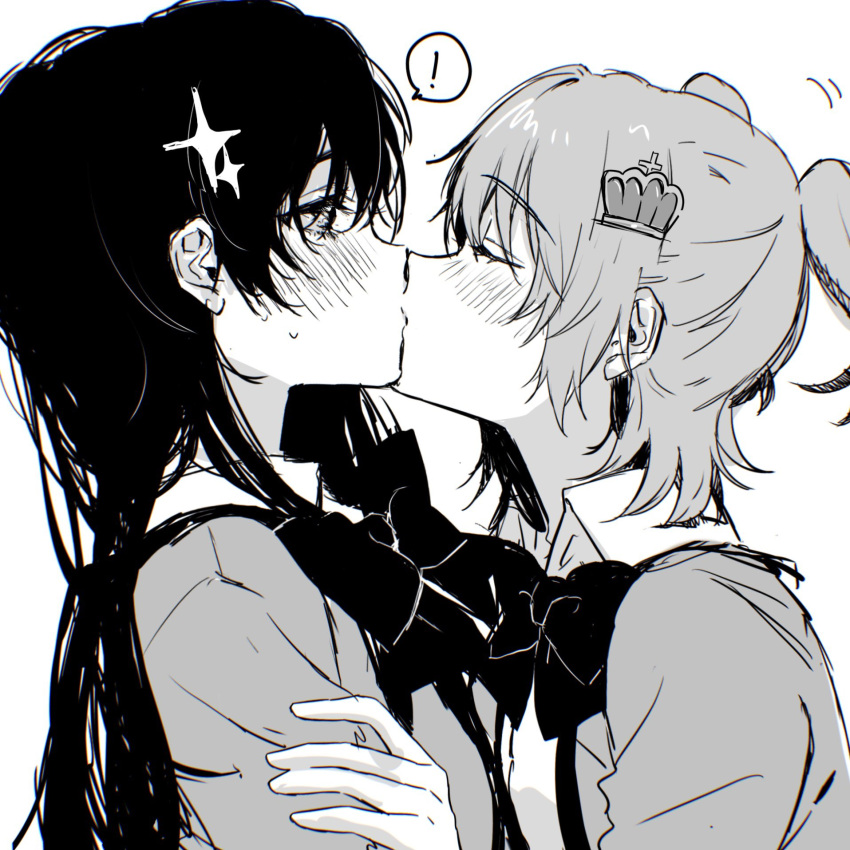 !, 2girls, aijou_karen, bangs, black_hair, blush, bow, bowtie