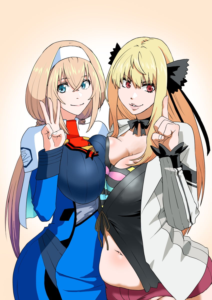 2girls, ao-yume, aqua_eyes, asymmetrical_docking, bangs, blonde_hair, blue_dress, breast_press, breasts, capelet, denim, denim_shorts, dress, gradient_hair, hair_ribbon, hairband, highres, lace, large_breasts, long_sleeves, military, military_uniform, mitsuba_greyvalley, multicolored_hair, multiple_girls, navel, red_eyes, ribbon, shatte_judevesten, shorts, super_robot_wars, super_robot_wars_30, super_robot_wars_x-omega, uniform, white_capelet, white_hairband