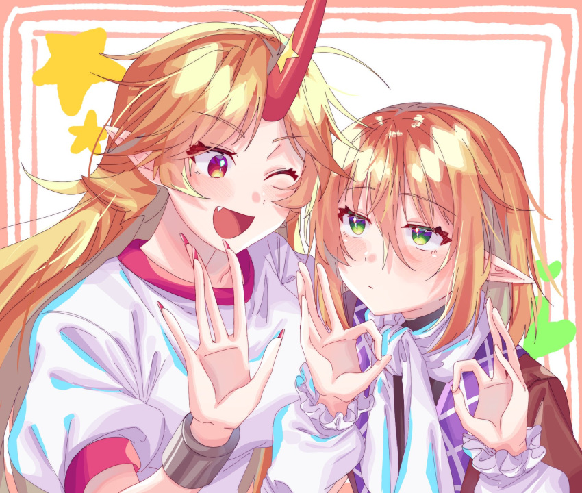 2girls, ;d, \||/, arm_up, arm_warmers, brown_jacket, chain, commentary_request, cuffs, eyelashes, fangs, fingernails, green_eyes, hair_between_eyes, hayashida_chiyo, highres, horns, hoshiguma_yuugi, jacket, long_fingernails, long_hair, looking_at_another, medium_hair, mizuhashi_parsee, multiple_girls, ok_sign, one_eye_closed, oni, oni_horns, open_mouth, pointy_ears, puffy_short_sleeves, puffy_sleeves, red_eyes, red_nails, scarf, shackles, shiny, shiny_hair, short_sleeves, sidelocks, single_horn, smile, touhou, white_scarf