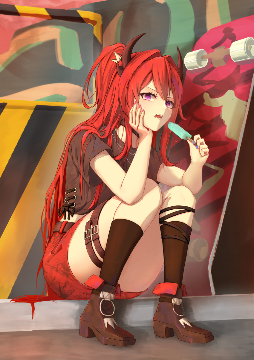 1girl, absurdres, arknights, bangs, black_footwear, black_shirt, boots, calvaires