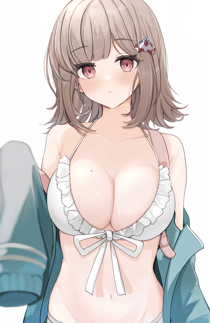 1girl, absurdres, backpack, bag, bangs, bare_shoulders, bikini, blush, breasts, brown_eyes, brown_hair, collarbone, commentary_request, danganronpa_(series), danganronpa_2:_goodbye_despair, etoria, eyebrows_visible_through_hair, flipped_hair, front-tie_bikini, front-tie_top, galaga, green_jacket, grey_background, hair_ornament, highres, jacket, large_breasts, long_sleeves, looking_at_viewer, medium_hair, mole, mole_on_breast, nanami_chiaki, navel, off_shoulder, official_alternate_costume, parted_lips, simple_background, solo, stomach, swimsuit, teeth, upper_body, white_bikini