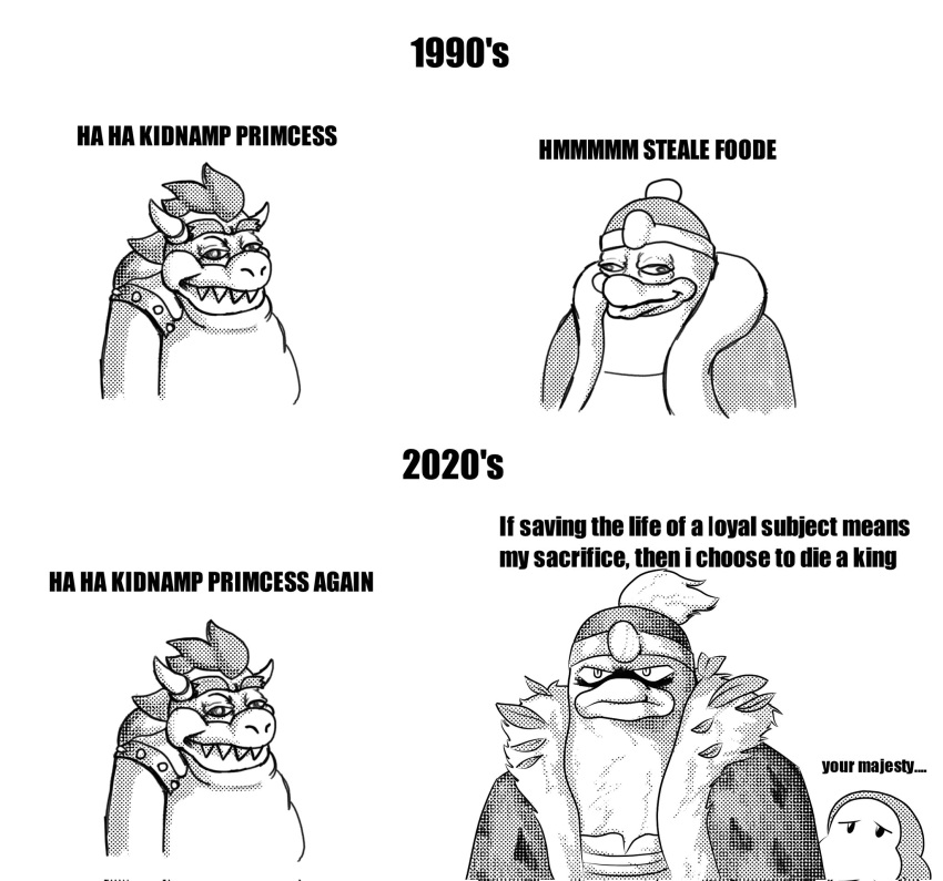 3boys, artist_request, bowser, bracelet, cape, facial_hair, hat, highres, horns, jewelry, king_dedede, kirby_(series), kirby_and_the_forgotten_land, knucksthechucks, long_hair, looking_at_viewer, meme, monochrome, multiple_boys, simple_background, smile, spiked_bracelet, spikes, super_mario_bros., super_mario_odyssey, teeth