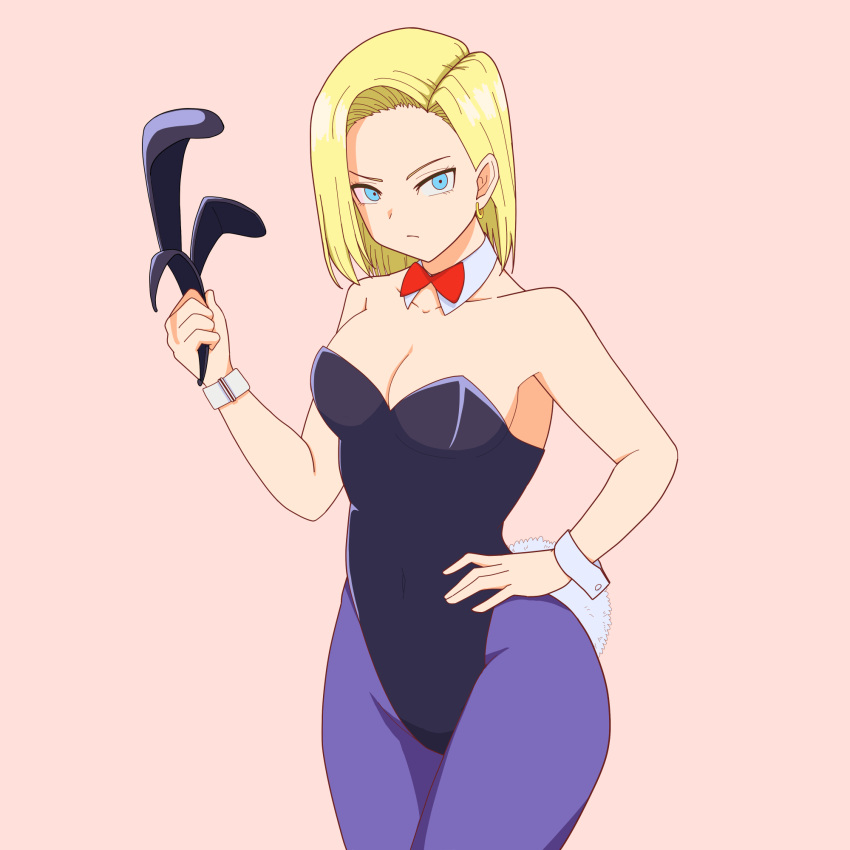 1girl, android_18, animal_ears, blonde_hair, blue_eyes, bow, bowtie, breasts, commentary_request, cowboy_shot, detached_collar, dragon_ball, dragon_ball_z, drill_bulbul, fake_animal_ears, hairband_removed, hand_on_hip, highres, looking_at_viewer, medium_breasts, pink_background, playboy_bunny, purple_legwear, rabbit_ears, rabbit_tail, red_bow, red_bowtie, short_hair, simple_background, solo, standing, tail, wrist_cuffs