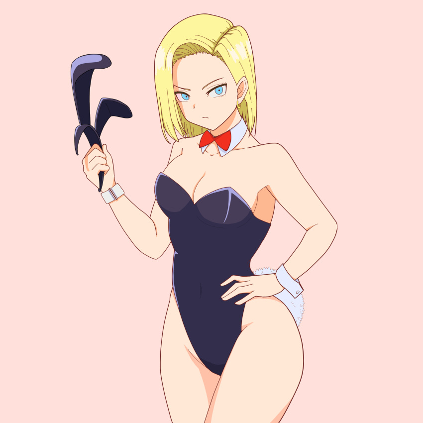 1girl, android_18, animal_ears, bare_legs, blonde_hair, blue_eyes, bow, bowtie