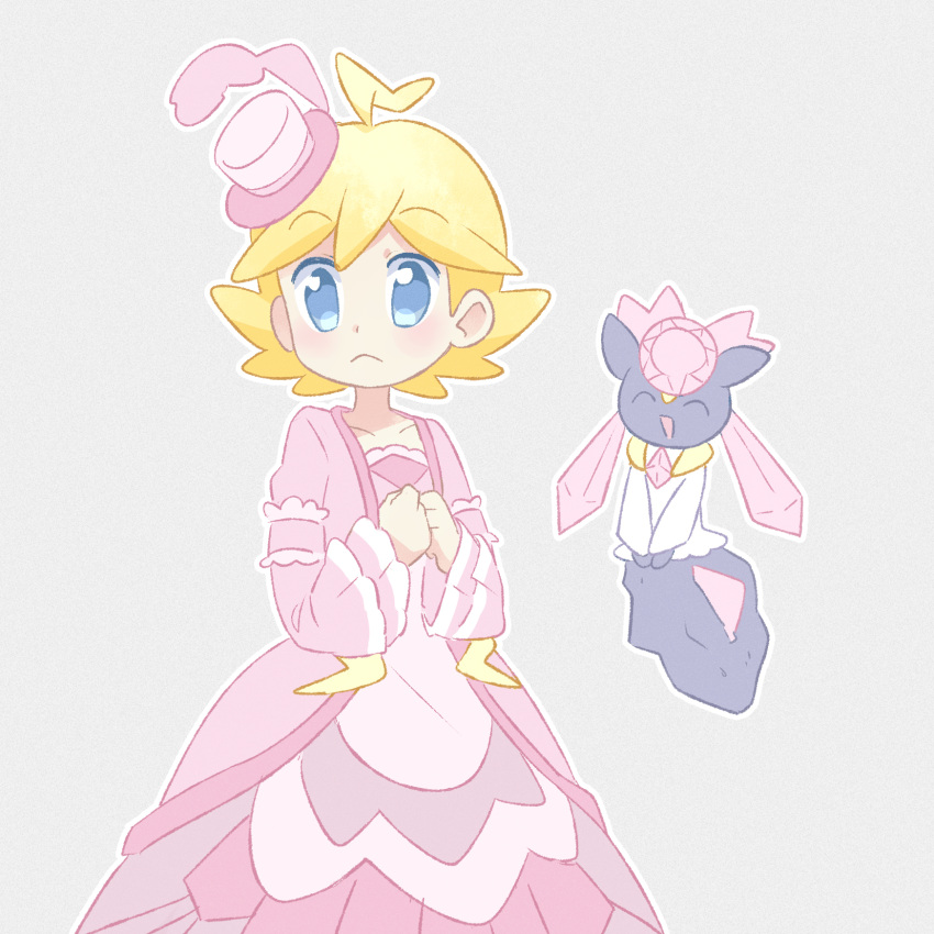 1boy, ahoge, akasaka_(qv92612), bangs, blonde_hair, blue_eyes, blush, clemont_(pokemon), closed_mouth, collarbone, commentary_request, cosplay, crossdressing, diancie, dress, eyebrows_visible_through_hair, grey_background, hat, highres, hilda_(pokemon), hilda_(pokemon)_(cosplay), long_sleeves, male_focus, mini_hat, own_hands_together, pink_dress, pink_headwear, pokemon, pokemon_(game), pokemon_masters_ex, pokemon_xy, simple_background