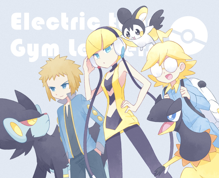 1girl, 2boys, ahoge, akasaka_(qv92612), backpack, bag, bangs, black_pants