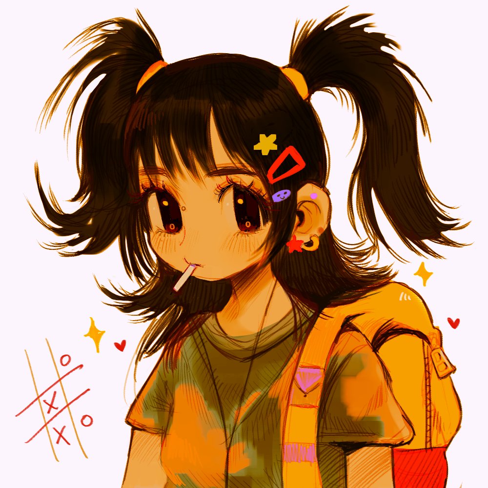 1girl, backpack, bag, bangs, black_eyes, brown_hair, cigarette, ear_piercing, earphones, earphones, earrings, grace_hosanna_marquez_carranco, green_shirt, hair_ornament, hairband, hairclip, heart, jewelry, long_hair, looking_at_viewer, original, piercing, shirt, short_sleeves, smoking, solo, star_(symbol), star_hair_ornament, tic-tac-toe, two_side_up, upper_body, white_background, yellow_bag, yellow_hairband