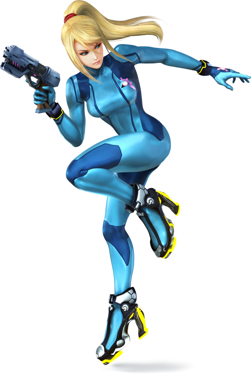 1girl, 3d, absurdres, ankle_boots, bangs, blonde_hair, blue_eyes, bodysuit, boots, bracelet, breasts, closed_mouth, emblem, fighting_stance, from_side, game_model, gloves, gun, hair_between_eyes, hair_tie, hand_up, high_heel_boots, high_heels, highres, holding, holding_gun, holding_weapon, jewelry, leaning_forward, leg_lift, lips, long_hair, looking_to_the_side, medium_breasts, metroid, mole, mole_under_mouth, neon_trim, official_art, outstretched_arm, paralyzer, pilot_suit, ponytail, rocket_boots, samus_aran, serious, shadow, sidelocks, simple_background, skin_tight, solo, super_smash_bros., swept_bangs, trigger_discipline, turtleneck, weapon, white_background, zero_suit
