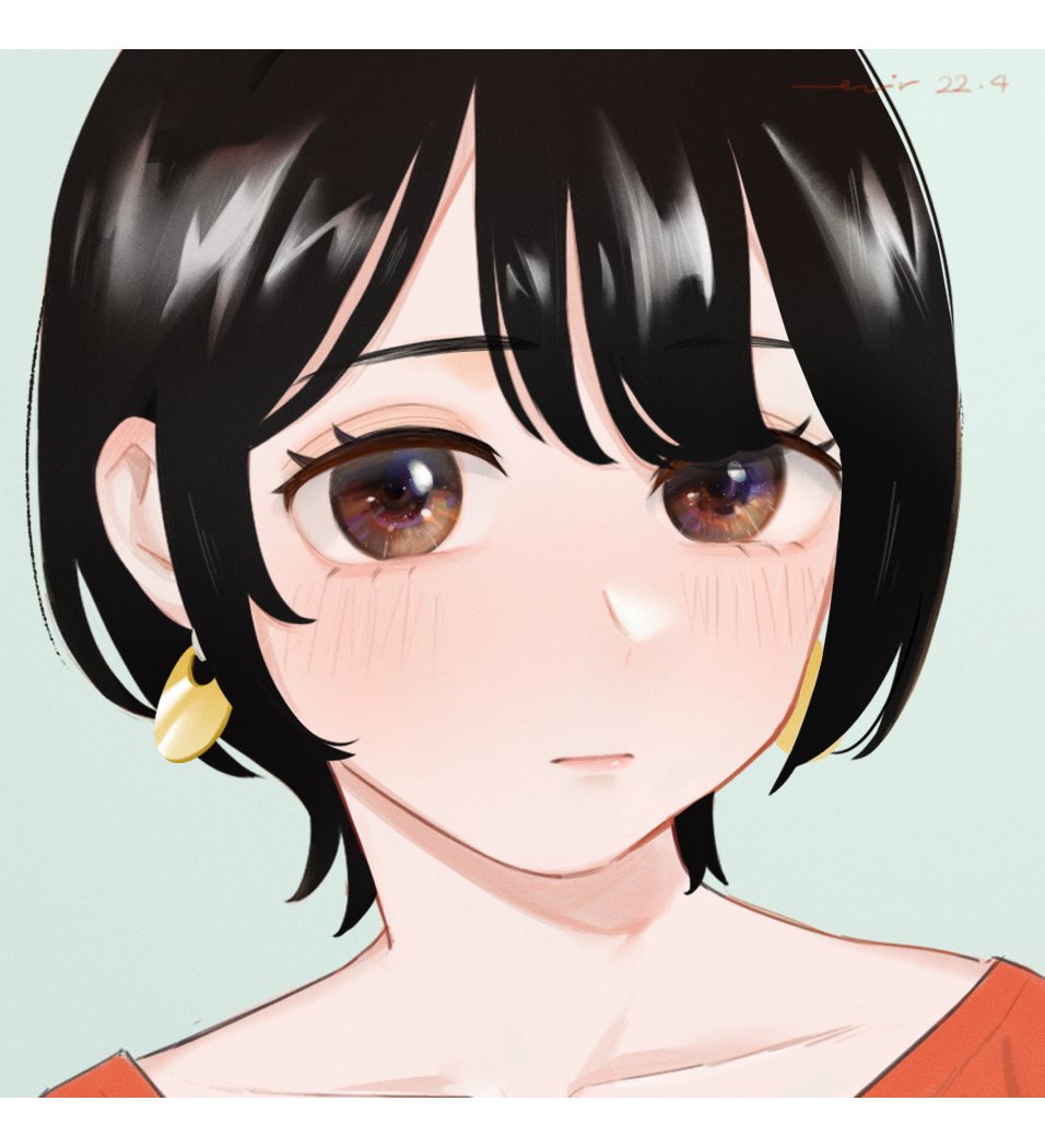 1girl, black_hair, blush, collarbone, dated, earrings, face, inuzuka_miwa