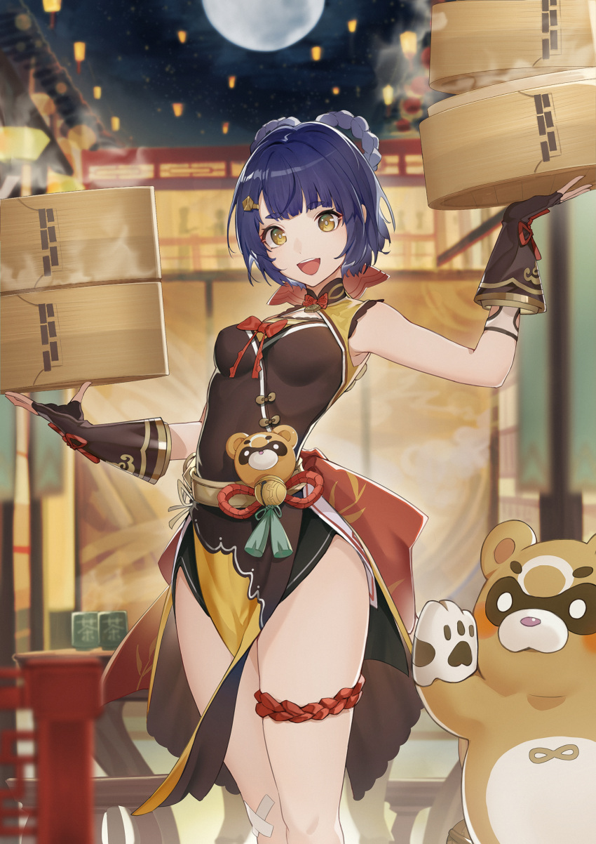 1girl, animal, black_dress, black_gloves, blue_hair, braid, breasts, china_dress